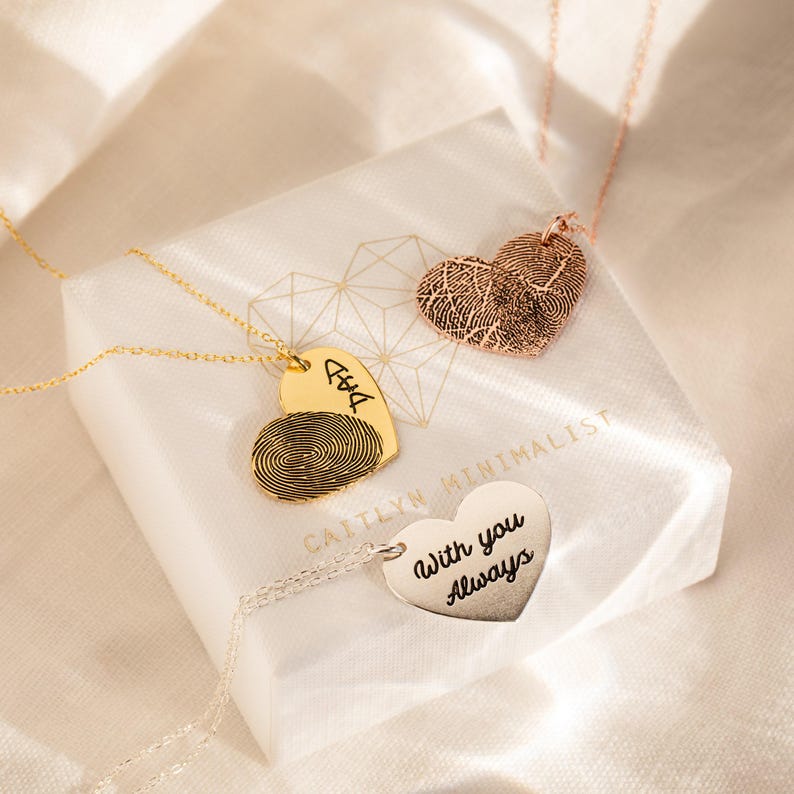 Actual Fingerprint Necklace • Engraved Fingerprint Handwriting Jewelry • Custom Heart Charm • Memorial Necklace • Mom Gift • NM32 image 7
