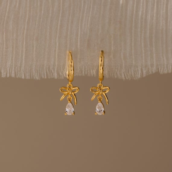 Diamond Teardrop Bow Earrings by Caitlyn Minimalist • Dangling Charm Huggie Earrings • Delicate Drop Earrings • Girlfriend Gift • ER815