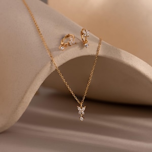 Diamond Butterfly Drop Jewelry Set by CaitlynMinimalist • Dangling Charm Necklace and Earrings Set • Butterfly Jewelry • Sister Gift • MB020