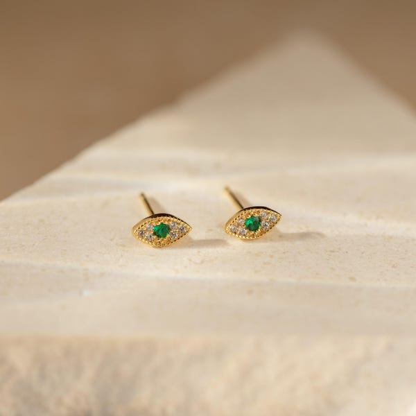 Emerald Eye Stud Earrings by Caitlyn Minimalist • Dainty Evil Eye Gemstone Earrings • Unique Jewelry • Birthday Gift for Her • ER314