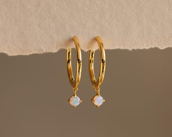 Dainty Opal Drop Huggies by Caitlyn Minimalist • Thin Huggie Hoop Earrings with Dangling Opal Gemstone • Boho Jewelry • Gift for Her • ER598