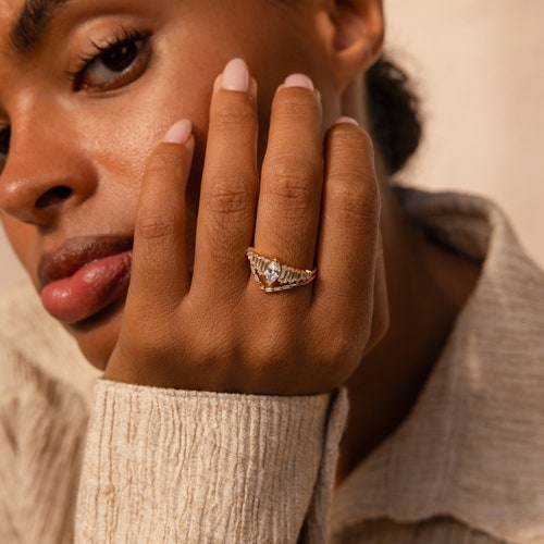 Art Deco Diamond Ring Set by Caitlyn Minimalist • Chevron Marquise Baguette Rings • Engagement Wedding Ring Set • Girlfriend Gift • RR120