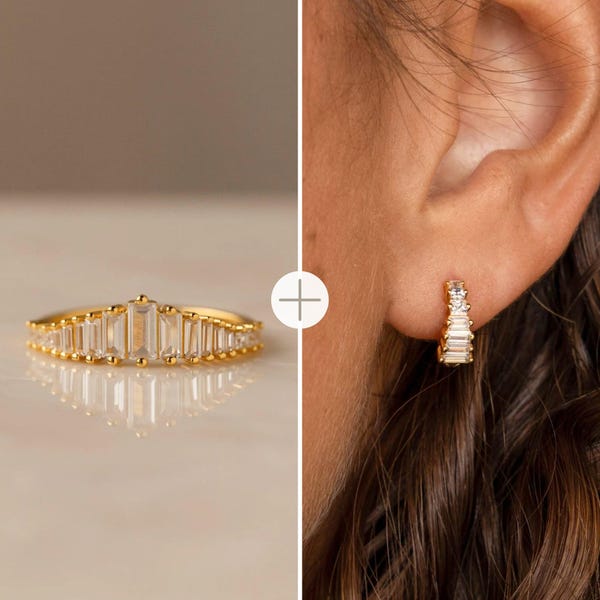 Art Deco Earrings & Ring Set by Caitlyn Minimalist • Vintage Diamond Huggie Earrings • Crystal Chandelier Ring • Gold Jewelry • Gift for Her