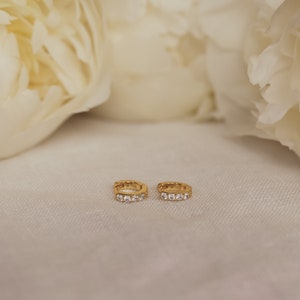 Pave Huggie Hoop Earrings Diamond Stone Earrings Small Gold Hoop Earrings Minimalist Jewelry Wedding Earrings Gift for Her ER111 image 4