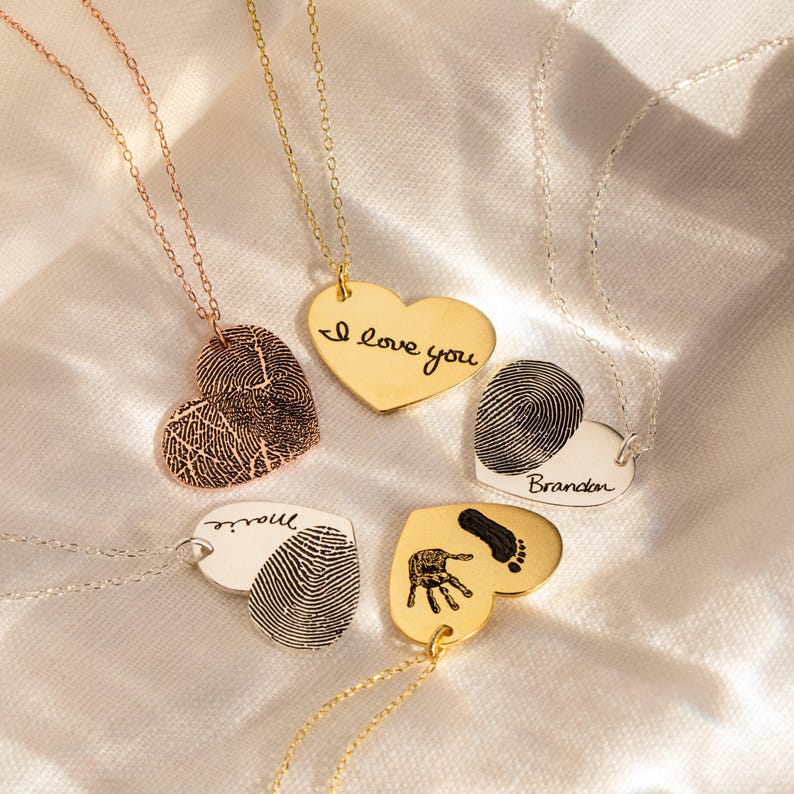 Actual Fingerprint Necklace • Engraved Fingerprint Handwriting Jewelry • Custom Heart Charm • Memorial Necklace • Mom Gift • NM32 image 2