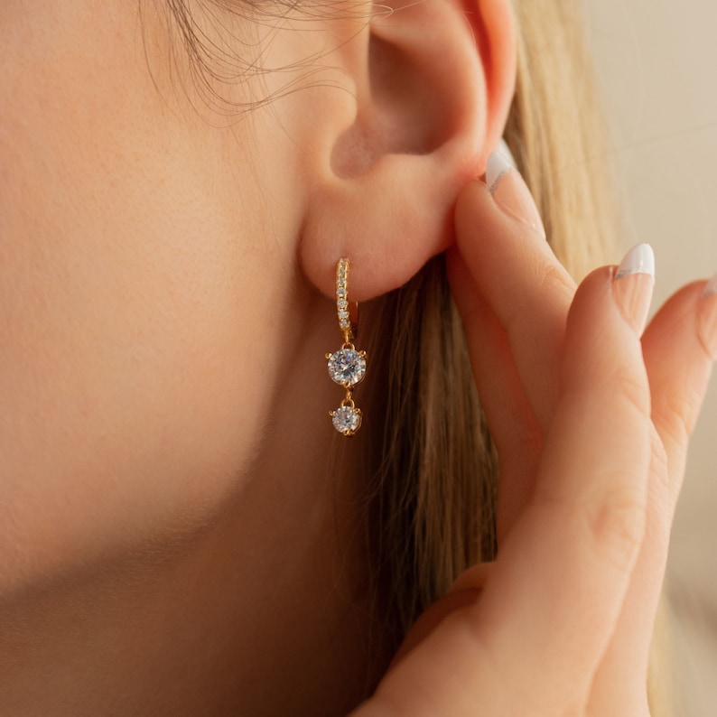 Diamond Stone Huggie Earrings by Caitlyn Minimalist Pave Dangle Earrings Crystal Jewelry Bridal Earrings Anniversary Gift ER189 18K GOLD
