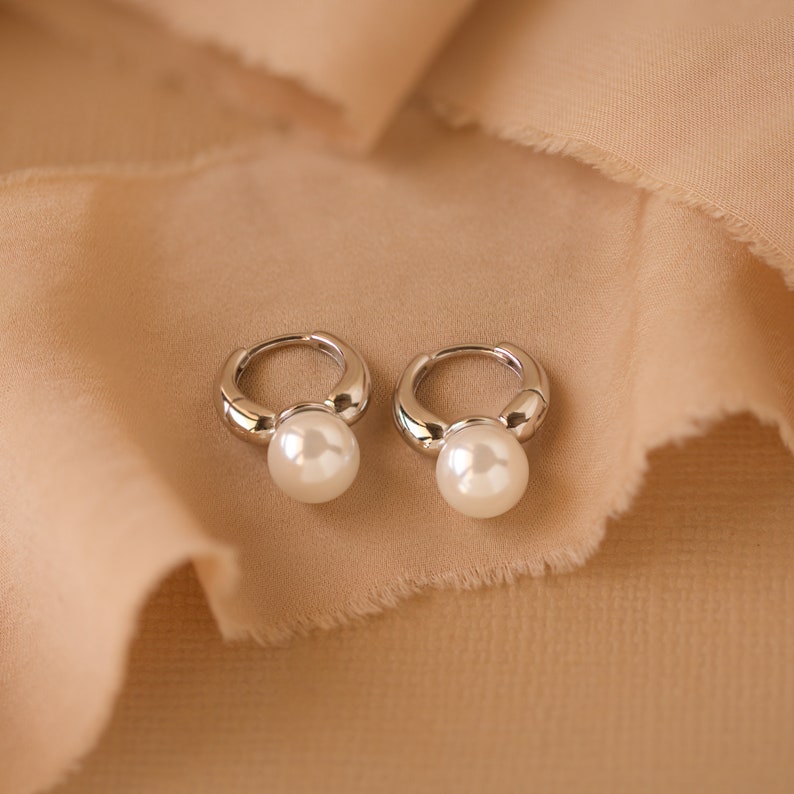 Pearl Drop Huggies by Caitlyn Minimalist Dainty Huggie Earrings in Gold Pearl Hoop Earrings Bridesmaid Jewelry Gift for Her ER370 image 4