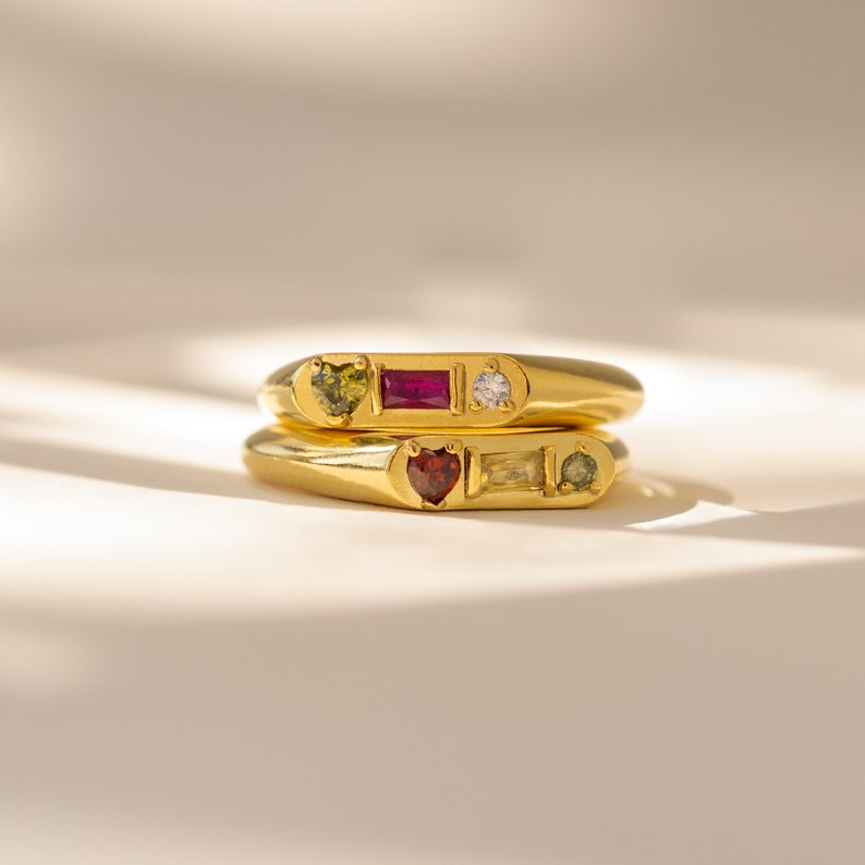 Custom Gemstone Signet Ring by Caitlyn Minimalist Birthstone Ring with Heart, Baguette & Circle Birthstones Graduation Gift RM101 image 1