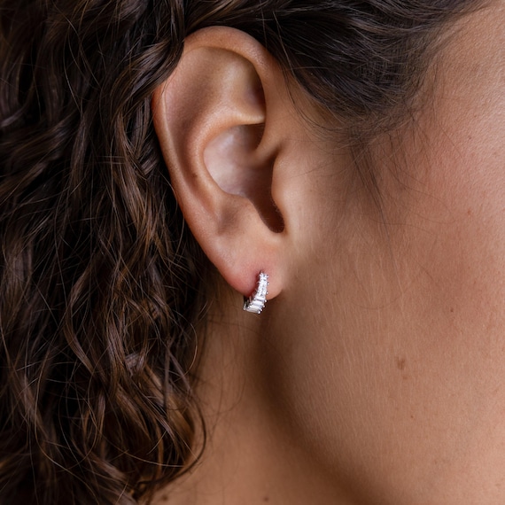 Diamond Art Deco Earrings by Caitlyn Minimalist • Vintage Style Huggie Hoop Earrings • Dainty Earrings • Silver Jewelry • Mom Gift • ER337