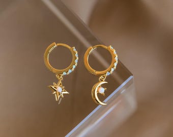 Opal Space Huggie Earrings by Caitlyn Minimalist • Moon and Star Dangling Earrings • Celestial Jewelry • Best Friend Gift • ER287