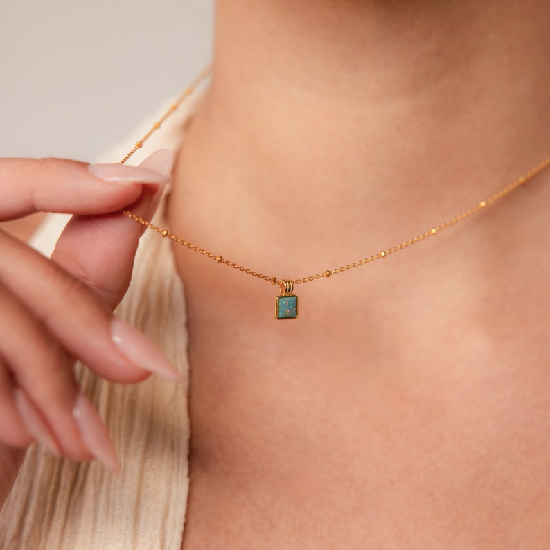 Turquoise Opal Pendant Necklace by Caitlyn Minimalist Dainty Square Charm Necklace on Satellite Chain Opal Jewelry Sister Gift NR161 image 5