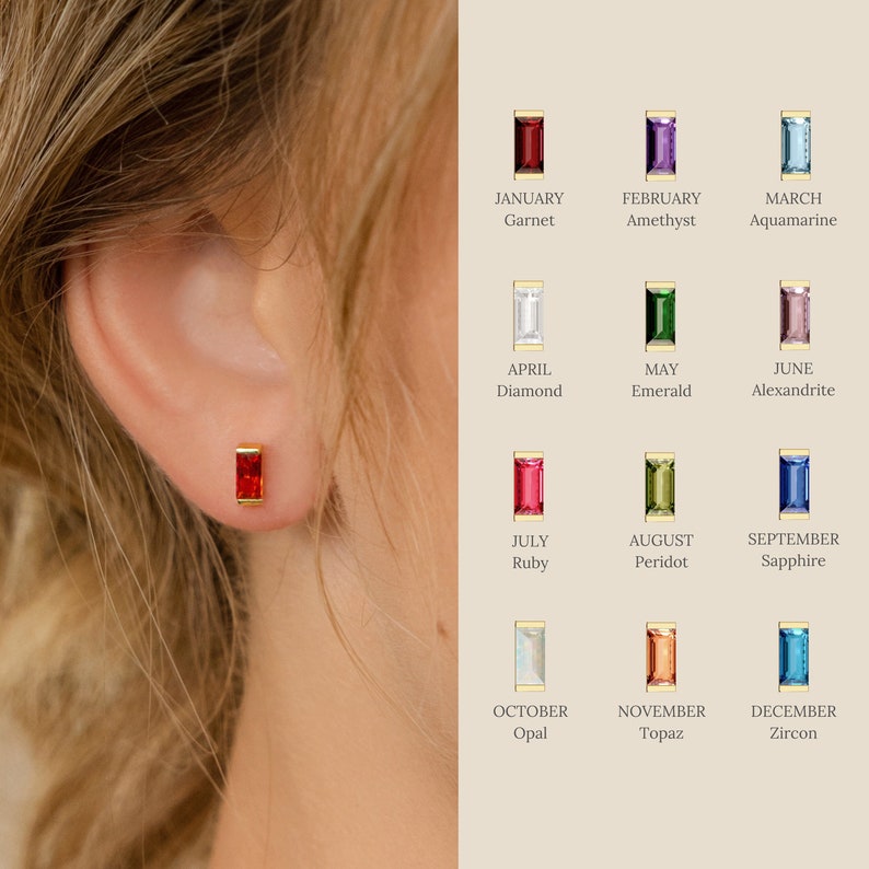 Boucles d'oreilles minimalistes avec pierres de naissance baguette par Caitlyn Boucles d'oreilles avec pierres précieuses personnalisées Bijoux personnalisés délicats Cadeau d'anniversaire pour elle ER296 January Garnet