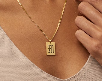 Letter Necklace with Thick Curb Chain • Old English Statement Jewelry • Initial Charm Necklace • Personalized Gift for Her • NM60BF74