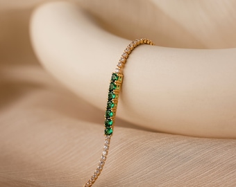 Emerald Tennis Bracelet by Caitlyn Minimalist • Gold Diamond Birthstone Bracelet • Dainty Emerald Gemstone Jewelry • Friendship Gift • BR060