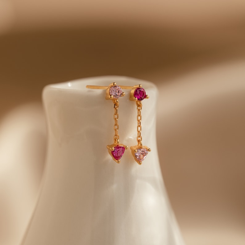 Mismatched Pink Drop Earrings by Caitlyn Minimalist Ruby Pink Crystal Earrings Dangling Chain Earrings Perfect Gift for Her ER368 image 4