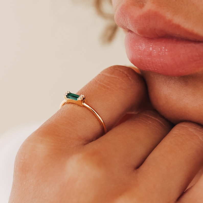 Emerald Baguette Ring by Caitlyn Minimalist Delicate Green Crystal Promise Ring for Girlfriend Romantic Anniversary Gift RR055 image 5