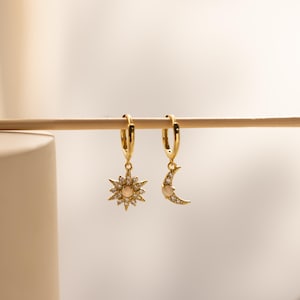 Opal Moon & Sun Huggies by CaitlynMinimalist • Celestial Diamond Dangle Earrings in Gold • Boho Wedding Jewelry • Gift for Wife • ER578