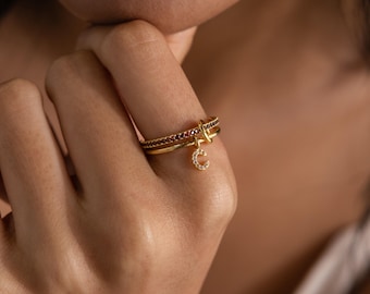 Linked Initial Birthstone Ring Set by CaitlynMinimalist • Custom Stacking Rings with Pave Initial • Gemstone Jewelry • Gift for Her • RM208