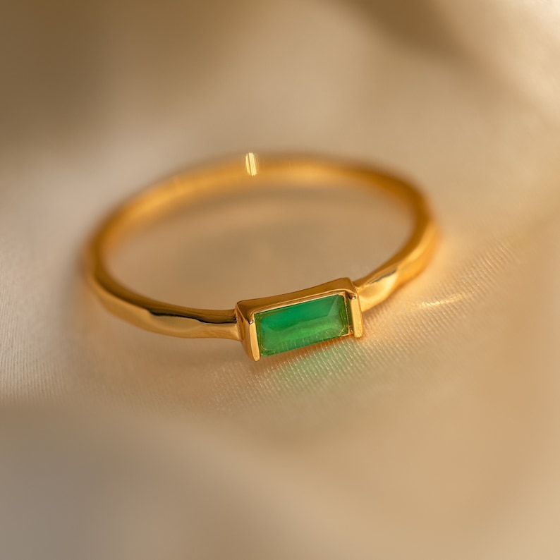 Dainty Jade Baguette Ring by Caitlyn Minimalist Delicate Green Crystal Ring Thin Hammered Ring Jade Jewelry Anniversary Gift RR121 image 1
