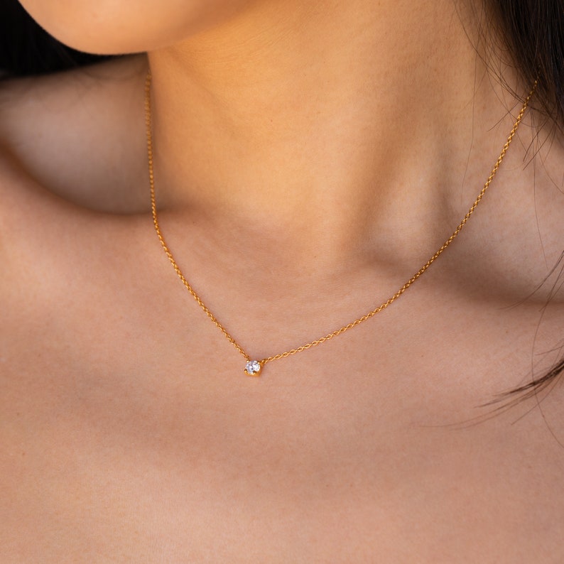 Dainty Diamond Necklace Floating Diamond Solitaire Necklace Minimalist Jewelry Bridesmaid Necklace Gift for Her NR048 image 3