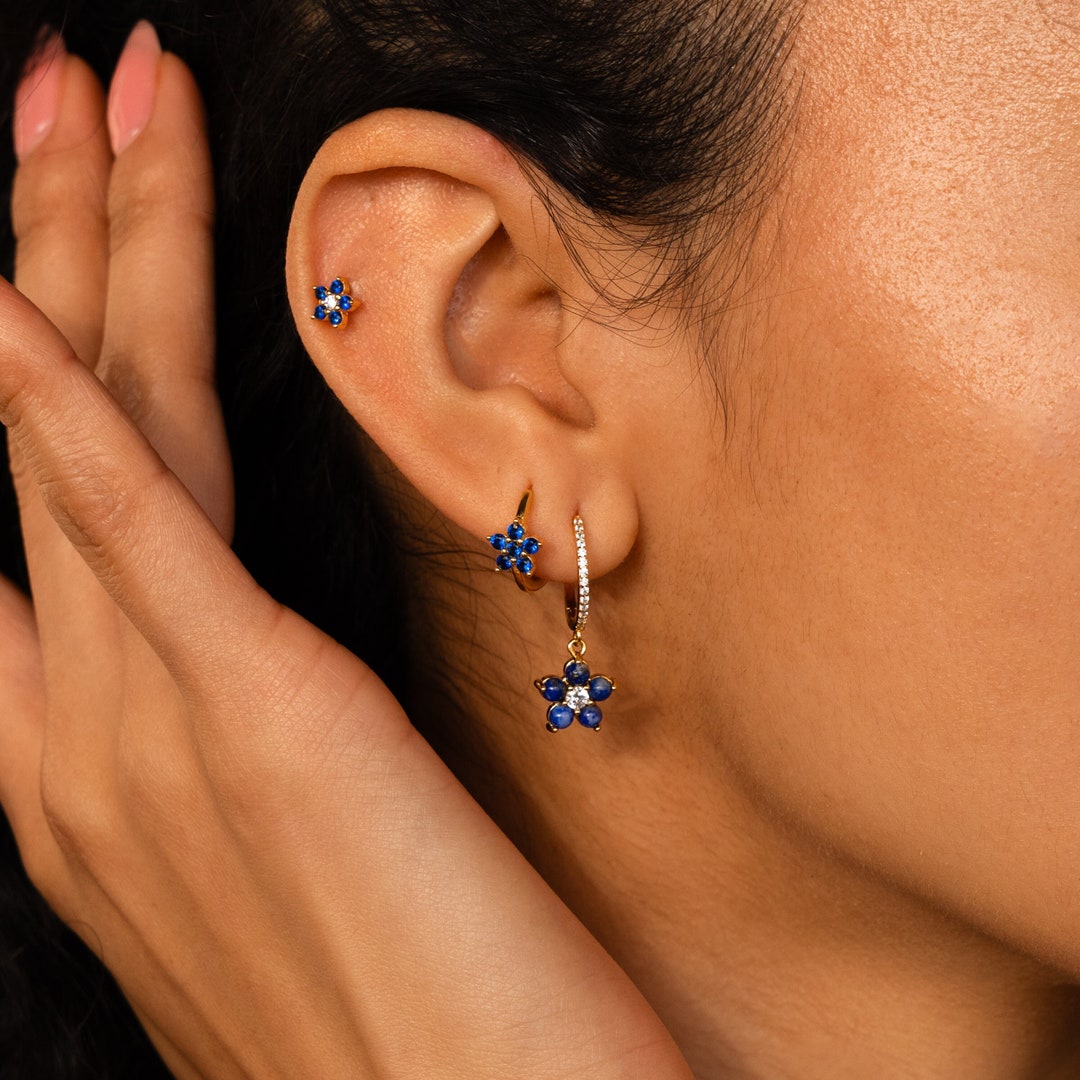 Blue Flower Earring Set By Caitlyn Minimalist Set Of 3 Blue Stone 