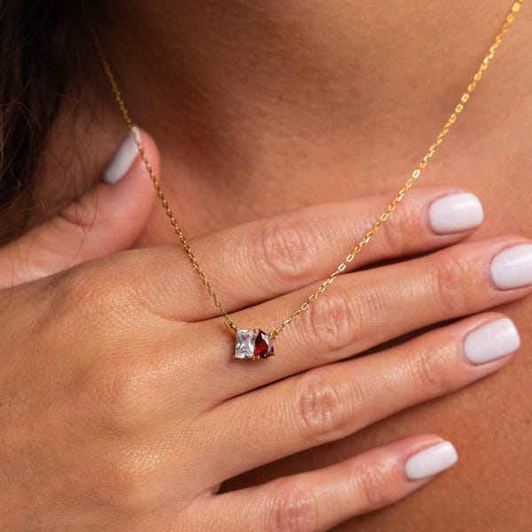 Toi et Moi Gemstone Necklace by CaitlynMinimalist • Emerald & Pear Cut Birthstone Necklace • Personalized Jewelry • Anniversary Gift • NM140