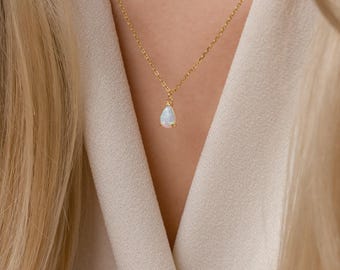 Teardrop Opal Necklace by CaitlynMinimalist • Dainty Layering Necklace • Opal Jewelry with Teardrop Pendant • Gift for Wife • NR114