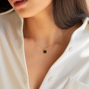 Black Pendant Necklace by Caitlyn Minimalist Statement Black Enamel Square Charm with Satellite Chain Gift for Her NR106 image 7