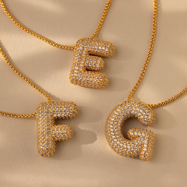 Pave Puffy Initial Halskette von Caitlyn Minimalist • Chunky Gold Buchstabe Charm Halskette • Personalisierter Schmuck • Geburtstagsgeschenk • NR258