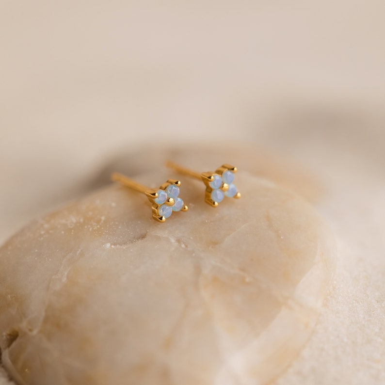 Ivy Flower Stud Earrings by Caitlyn Minimalist Dainty Light Blue Stone Earrings Everyday Boho Jewelry Perfect Birthday Gift ER364 18K GOLD