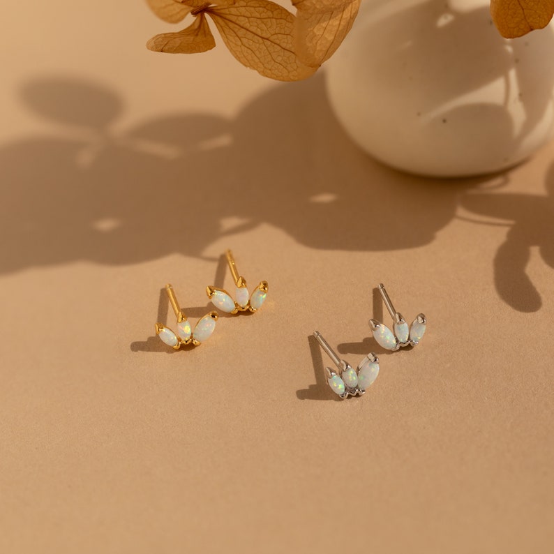 Dainty Opal Stud Earrings by Caitlyn Minimalist Opal Flower Earrings, Drop Chain Earrings & Cartilage Earring Anniversary Gift for Her image 8