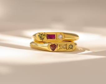 Custom Gemstone Signet Ring by Caitlyn Minimalist • Birthstone Ring with Heart, Baguette & Circle Birthstones • Gift for Her • RM101