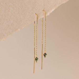 Agaat Kite Threader oorbellen van Caitlyn Minimalist • Minimalistische hangende oorbellen met ketting • Sieraden met groene edelsteen • Cadeau voor je vriendin • ER671