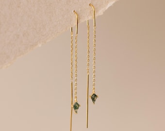 Agate Kite Threader Earrings by Caitlyn Minimalist • Minimalist Dangle Chain Earrings • Green Gemstone Jewelry • Girlfriend Gift • ER671