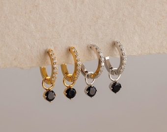 Black Diamond Drop Huggies by Caitlyn Minimalist • Dainty Pave Diamond Dangle Hoop Earrings • Minimalist Jewelry • Anniversary Gift • ER642