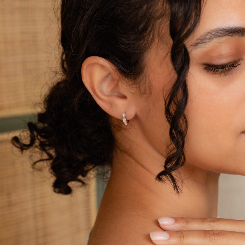 Moonstone Huggie Hoop Earrings by Caitlyn Minimalist • Dainty Gemstone Stacking Earrings • Boho Moonstone Jewelry • Birthday Gift • ER411 image 9