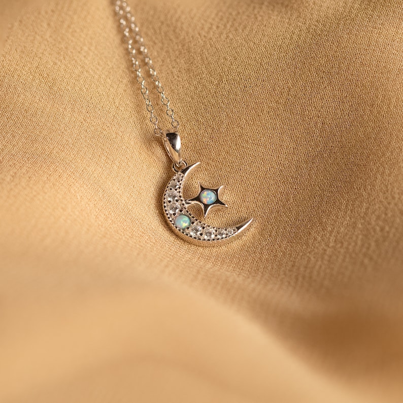 Opal Moon & Star Necklace by Caitlyn Minimalist Crescent Moon Diamond Necklace Celestial Jewelry Best Friend Necklace NR180 image 4