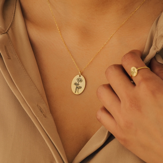 Oval Birth Flower Necklace by Caitlyn Minimalist • Custom