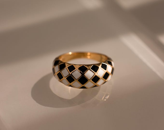Checkered Dome Ring by Caitlyn Minimalist • Black & White Ring • Bold Chunky Retro Ring • Statement Jewelry • Birthday Gift for Her • RR179