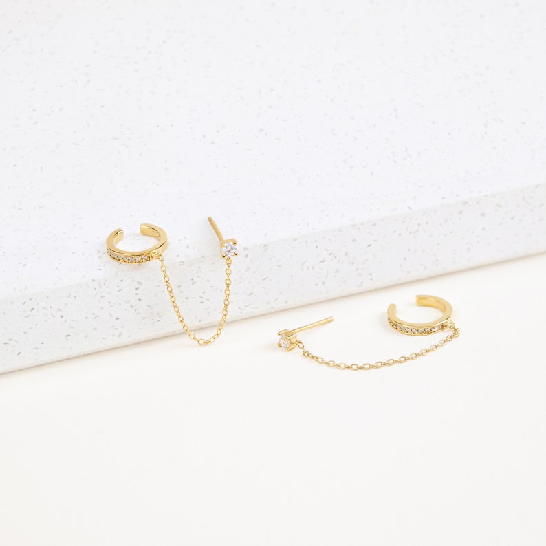 Minimalist Pave Ear Cuff Chain Earrings Diamond Stud Dangle Earrings in Gold and Sterling Silver Trendy Ear Cuff Chain Earrings ER006 image 6