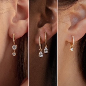 Pave Diamond Huggie Hoops Set by Caitlyn Minimalist • 3 Dangle Drop Earring Styles: Caroline, Hannah, Daphne • Bridesmaid Gift for Wedding