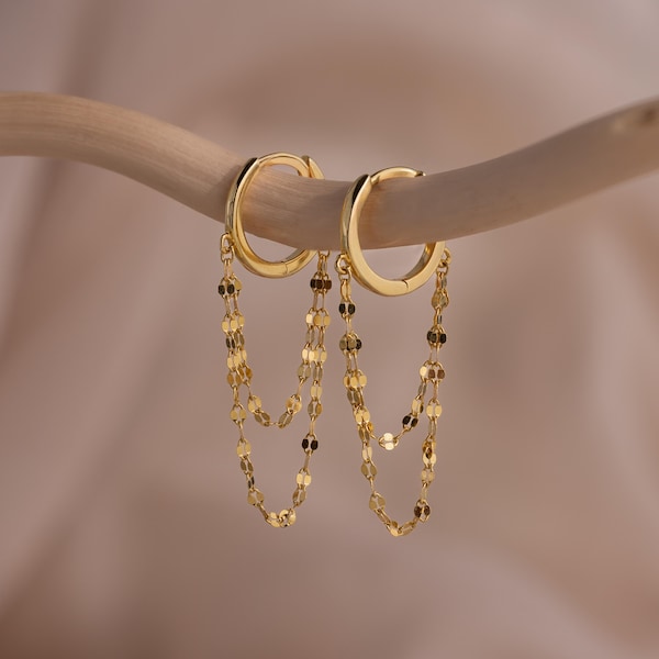 Double Mirror Chain Drop Earrings by Caitlyn Minimalist • Art Deco Hoop Earrings with Dangling Chain • Statement Jewelry • Mom Gift • ER741