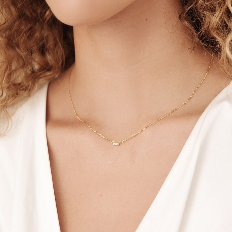 Baguette Diamond Necklace in Gold, Rose Gold, Sterling Silver by Caitlyn Minimalist Perfect Gift for Her NR005 image 3