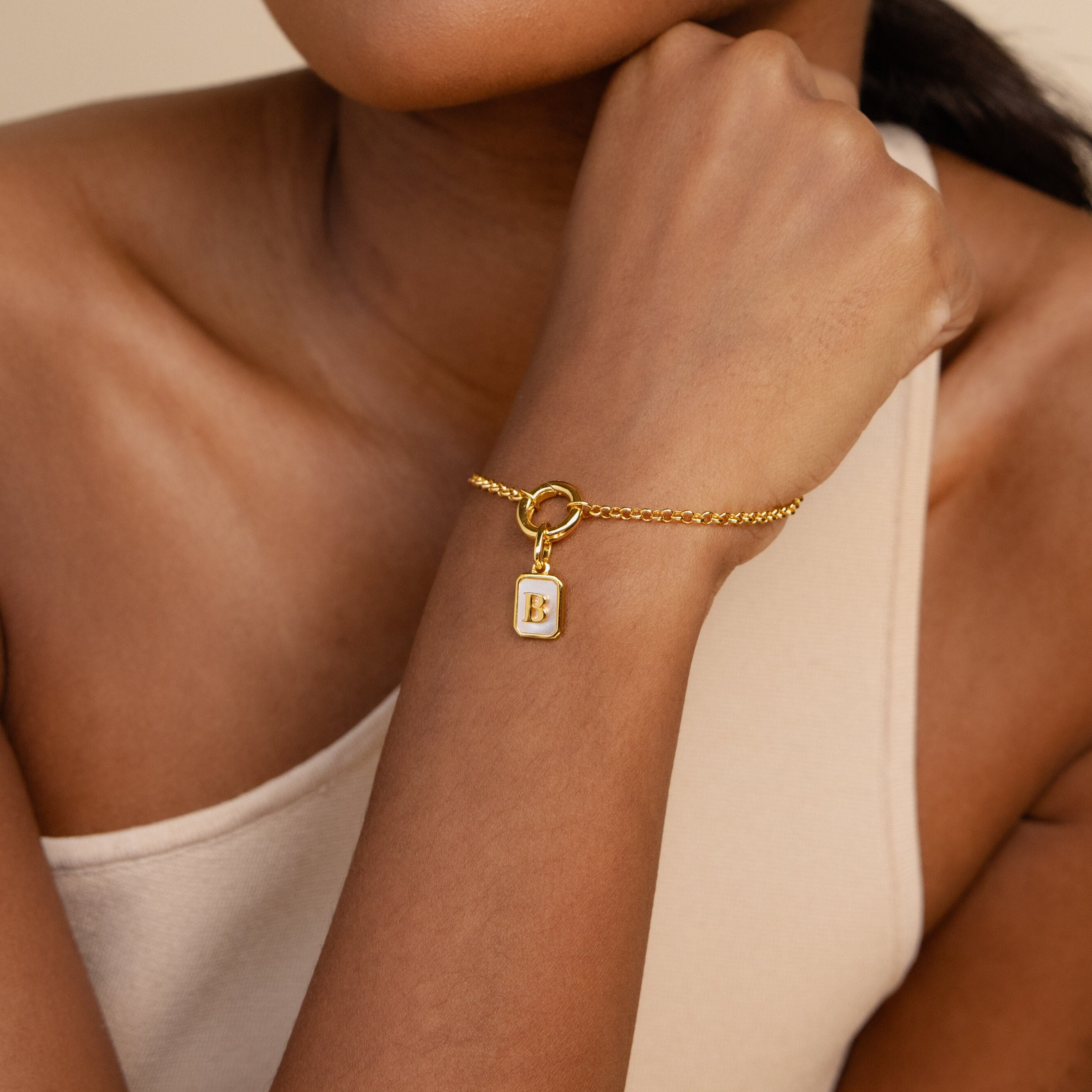 Mother of Pearl Initial Charm by Caitlyn Minimalist • Vintage-Style Pearl Pendant in Gold • Dainty Pearl Jewelry • Gift for Mom • XR020