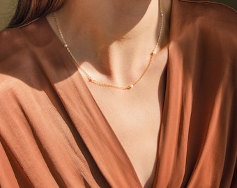 Dainty Pearl Station Necklace by Caitlyn Minimalist • Pearl Bead Layering Necklace for Mom • Wedding Jewelry, Bridesmaid Gift • NR107