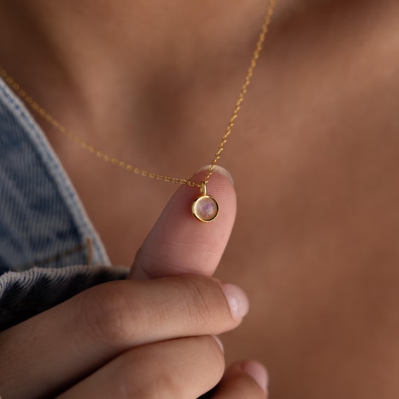Moonstone Pendant Necklace by Caitlyn Minimalist • Round Translucent Crystal Charm Necklace • Gemstone Jewelry • Gift for Mom • NM168