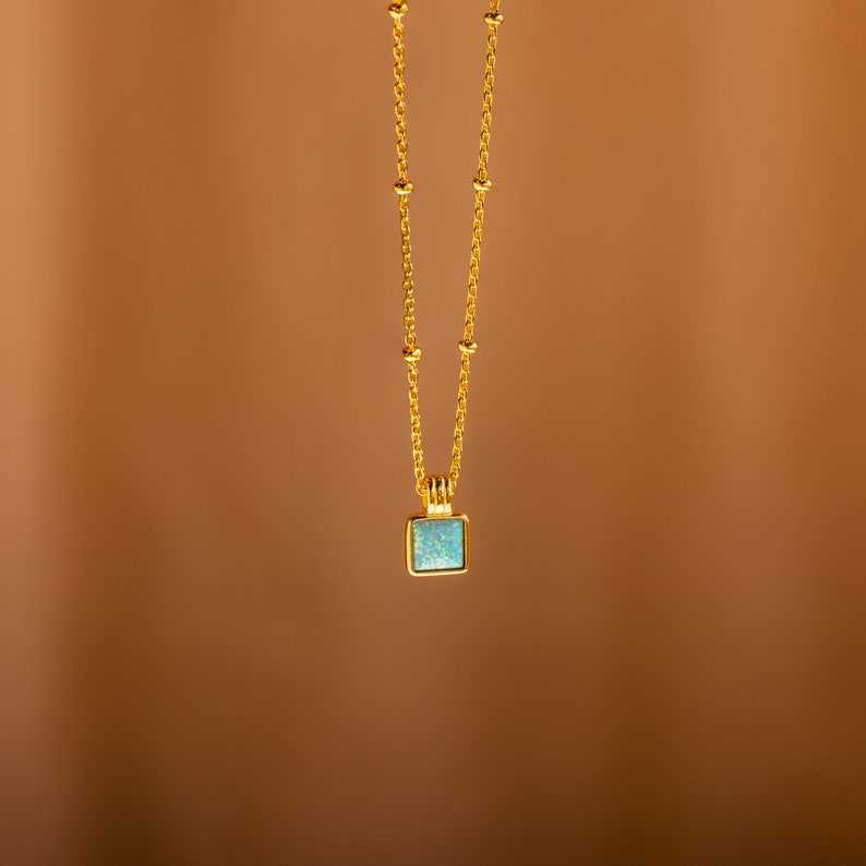 Turquoise Opal Pendant Necklace by Caitlyn Minimalist Dainty Square Charm Necklace on Satellite Chain Opal Jewelry Sister Gift NR161 image 4