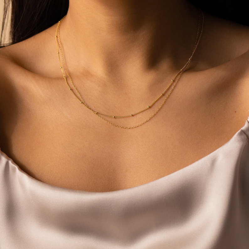 Beaded Duo Chain Necklace by Caitlyn Minimalist Gold Layered Necklace with Satellite Chain and Delicate Chain Choker Friend Gift NR079 image 1