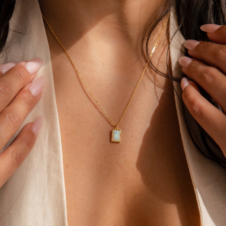 Opal Charm Necklace by CaitlynMinimalist Dainty Pendant Necklace Baguette Cut Gemstone Necklace Opal Jewelry Bridesmaid Gift NR164 18K GOLD