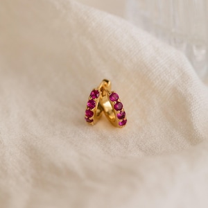 Ruby Gemstone Huggie Earrings by Caitlyn Minimalist • Minimalist Birthstone Crystal Hoop Earrings • Perfect Gift for Mom • ER111